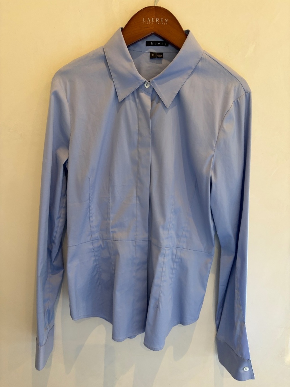 Women's Theory Blue Long Sleeve Blouse - Concealed Buttons - Size M - Fitted